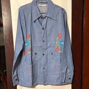 vintage 1970s embroidered denim Shirt Jacket, Unisex large